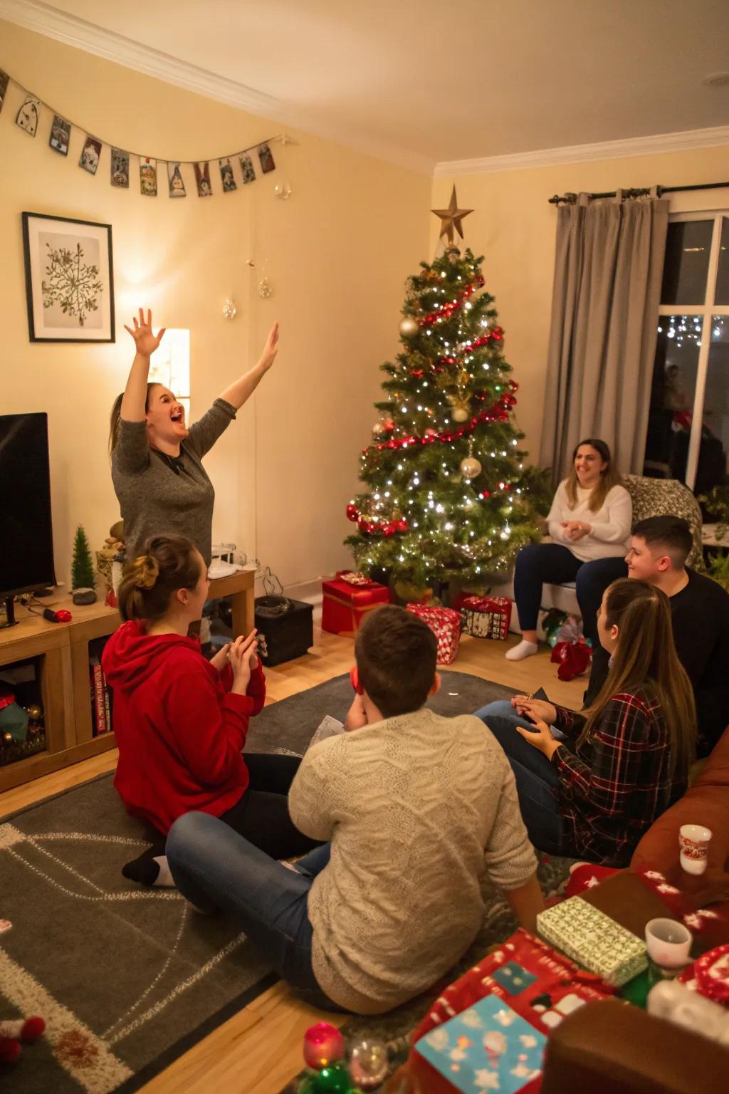 An animated round of Yuletide Charades igniting laughter and ingenuity.