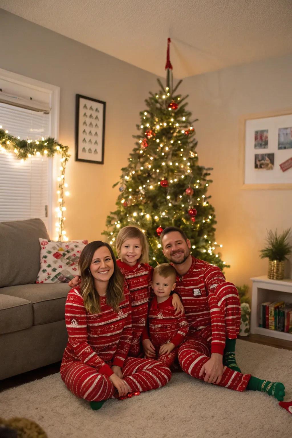 A family in coordinated Christmas pajamas, fostering a warm and festive setting.