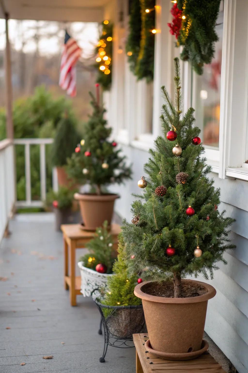 Scaled-down holiday firs infuse celebratory woodland charm into the porch.