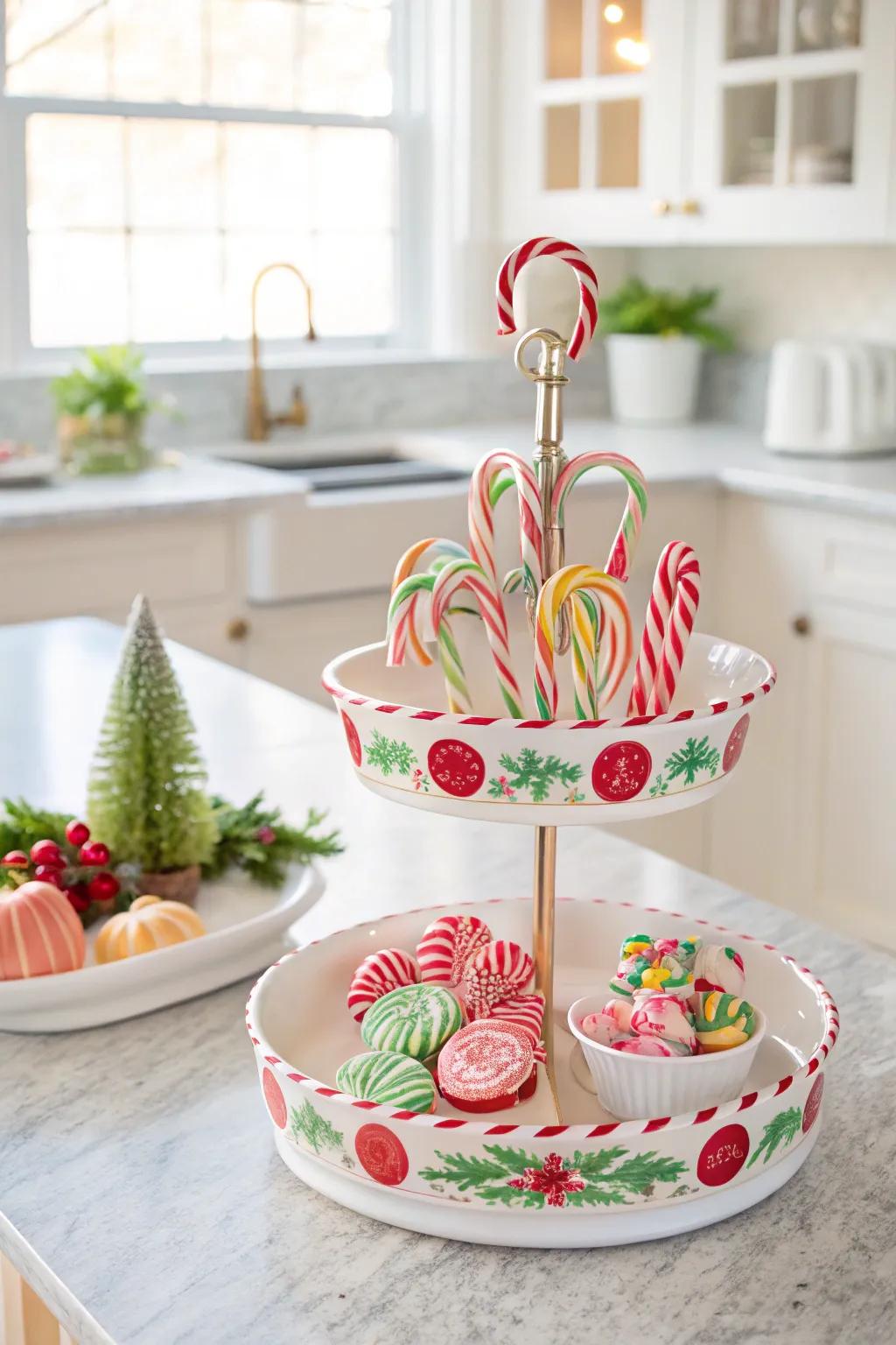 Sweet striped mint decorations adorn this cheerful multi-level display.