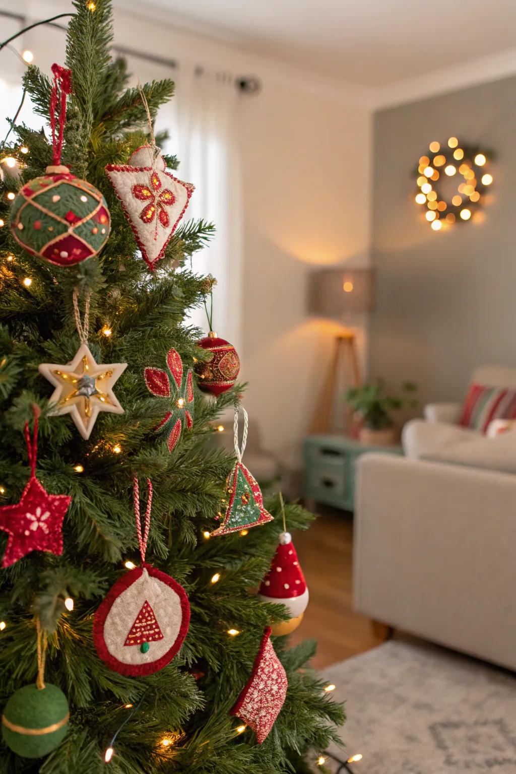 A Christmas tree adorned with gentle fabric ornaments.