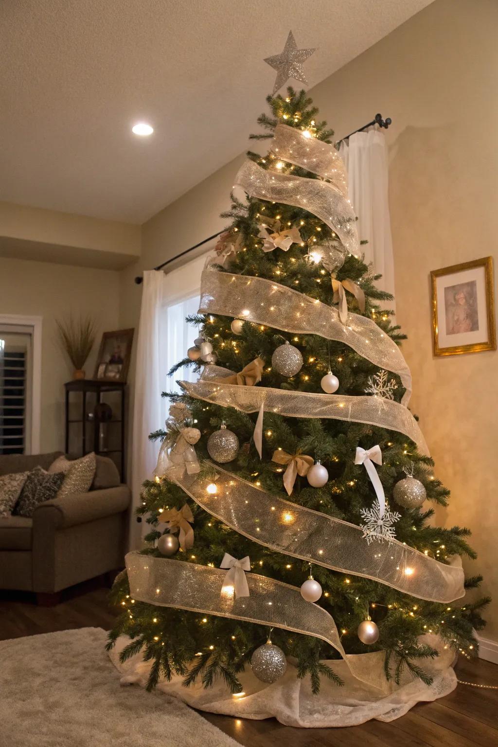 A Christmas tree showcasing layers of diaphanous and robust wraps, conjuring a tactile and vibrant presentation.