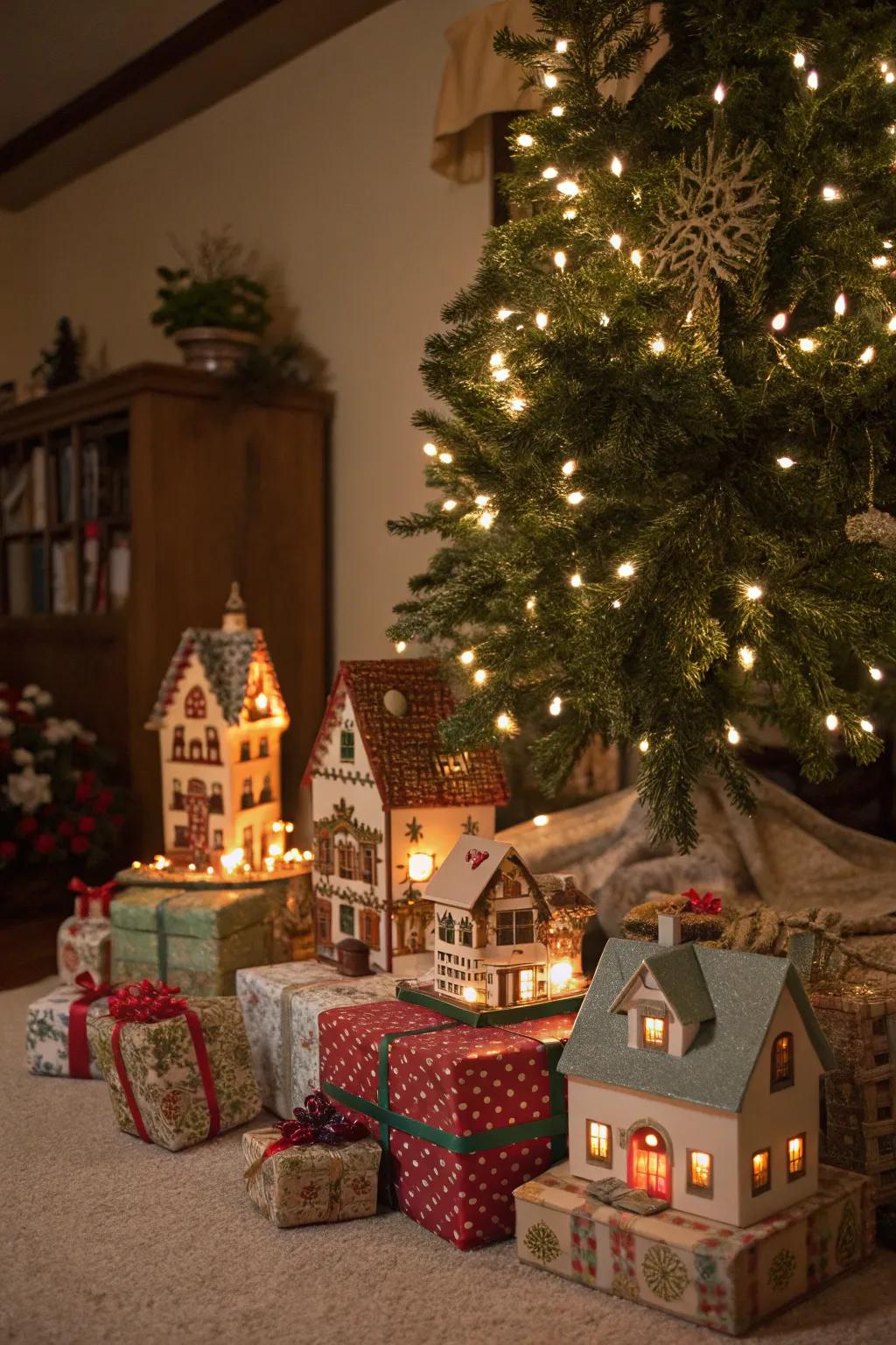 A quintessential Christmas village array nestled beneath the tree for heightened enchantment.