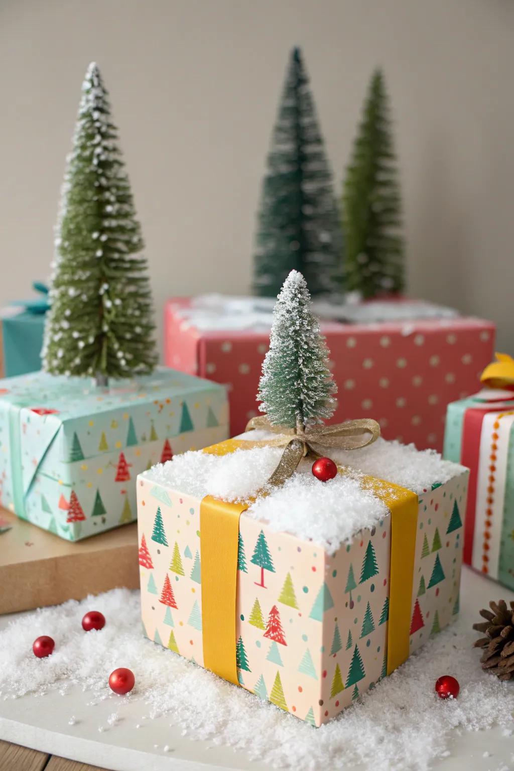Gift containers topped with appealing small-scale winter sceneries.