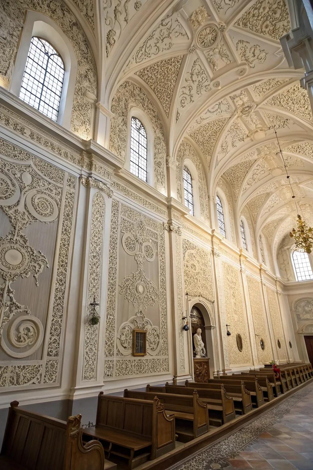 Church walls enhanced with sophisticated textured panels.