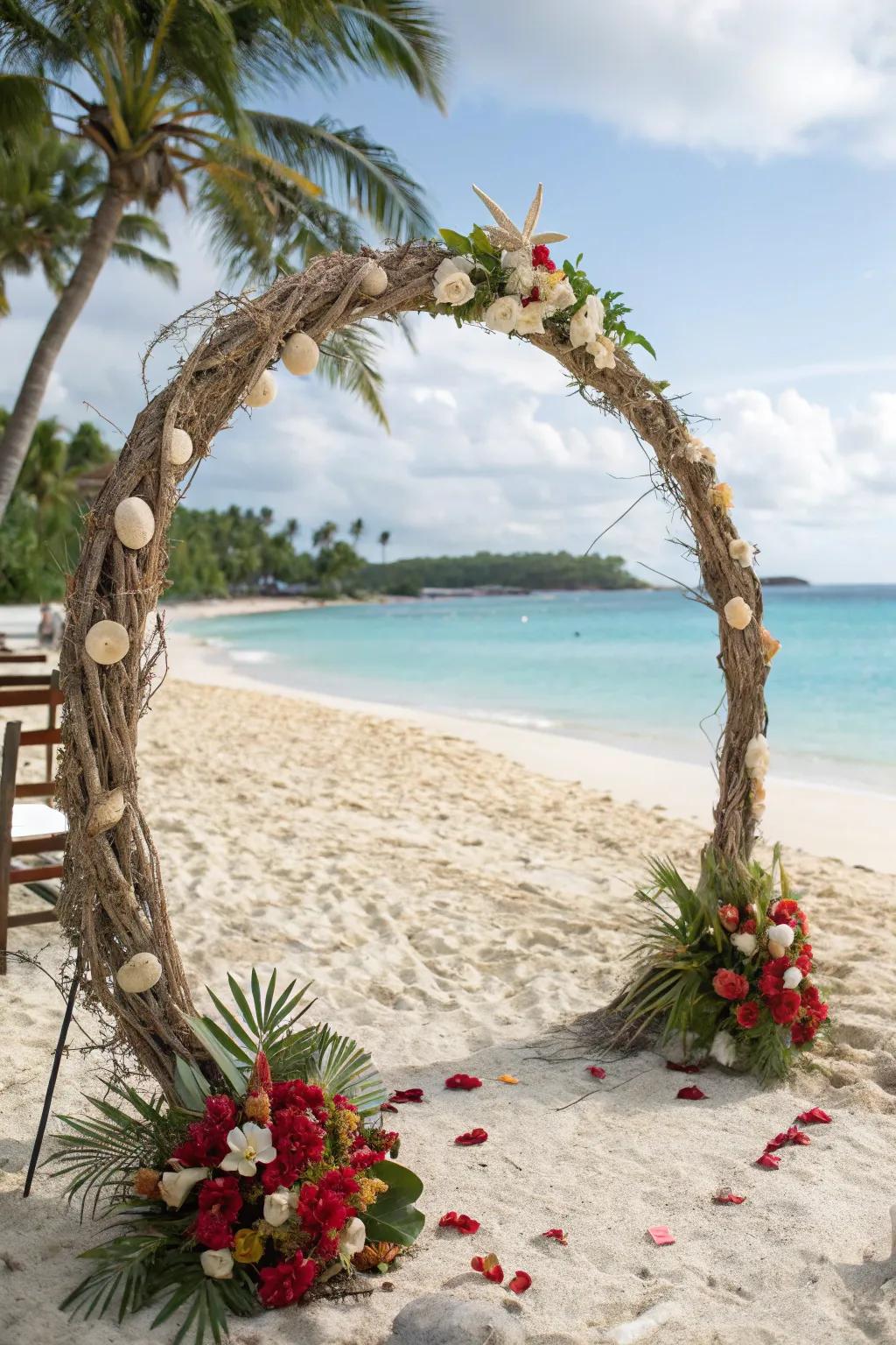 A beach-themed circle arch embellished with oceanic elements.