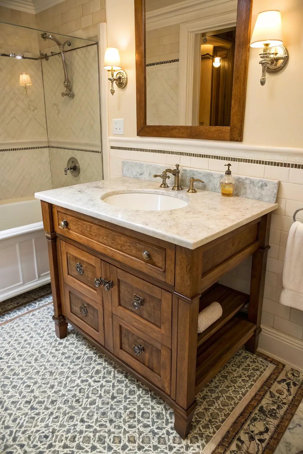 A traditional vanity ensemble with a marble surface.