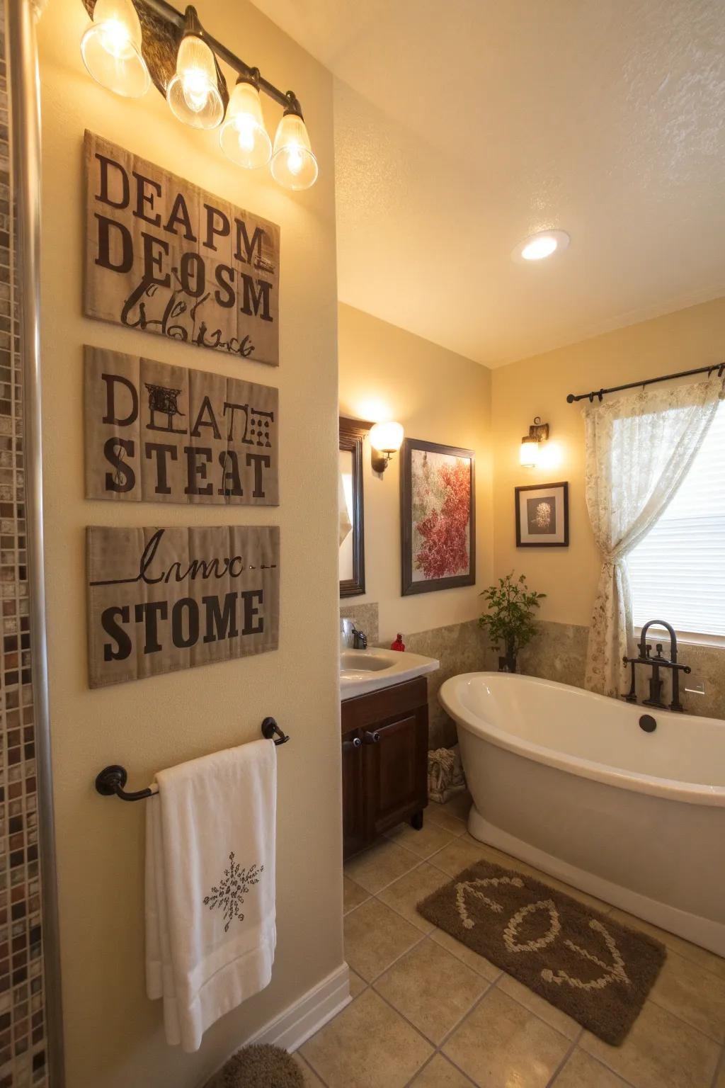 A bathroom enhanced with artful lettering that uplifts and personalizes the area.