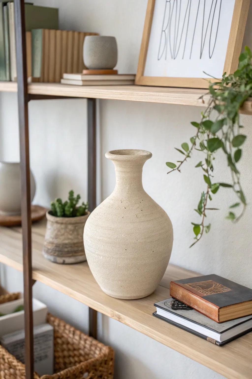 A minimalist matte-layered earthenware vase improving the grace of a polished space.