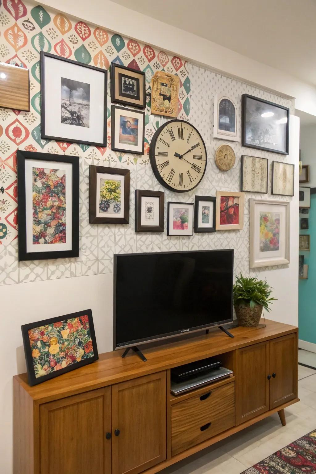 An engaging gallery wall showcasing a clock and varied encased artworks.