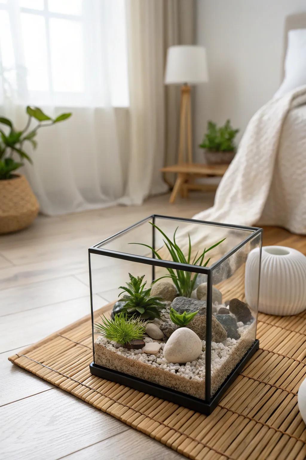 A serene stone garden terrarium cultivating an aura of tranquility.