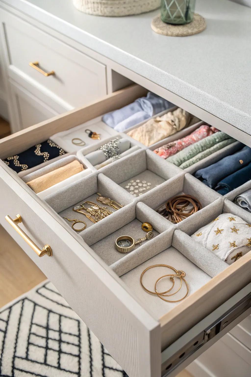 Incorporating drawer dividers for a tidy and systematic storage approach.