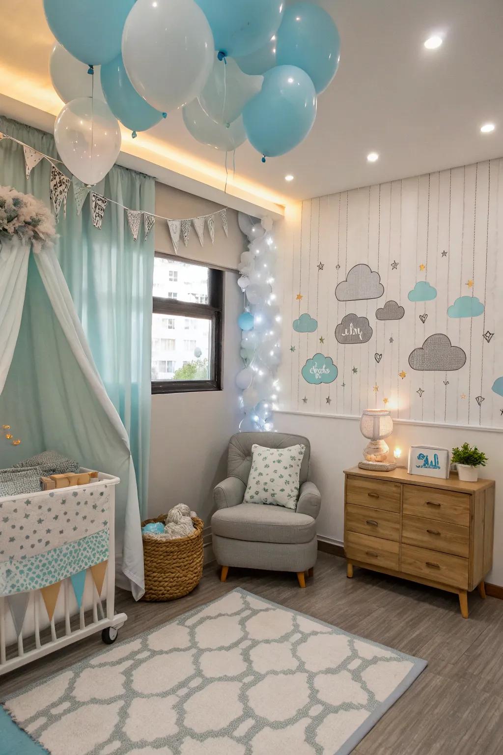 A gentle hue selection fosters a serene and inviting atmosphere, ideal for a sky-themed baby shower.