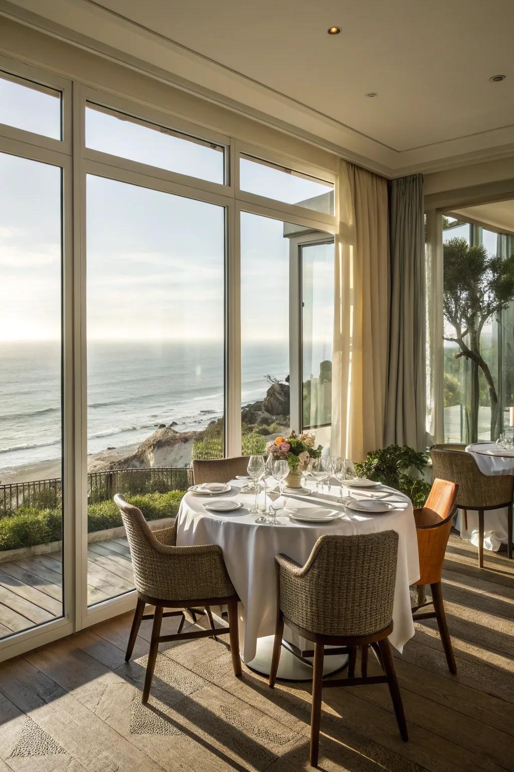 Expansive panes and sparse curtains maintain the room's radiance and spaciousness.
