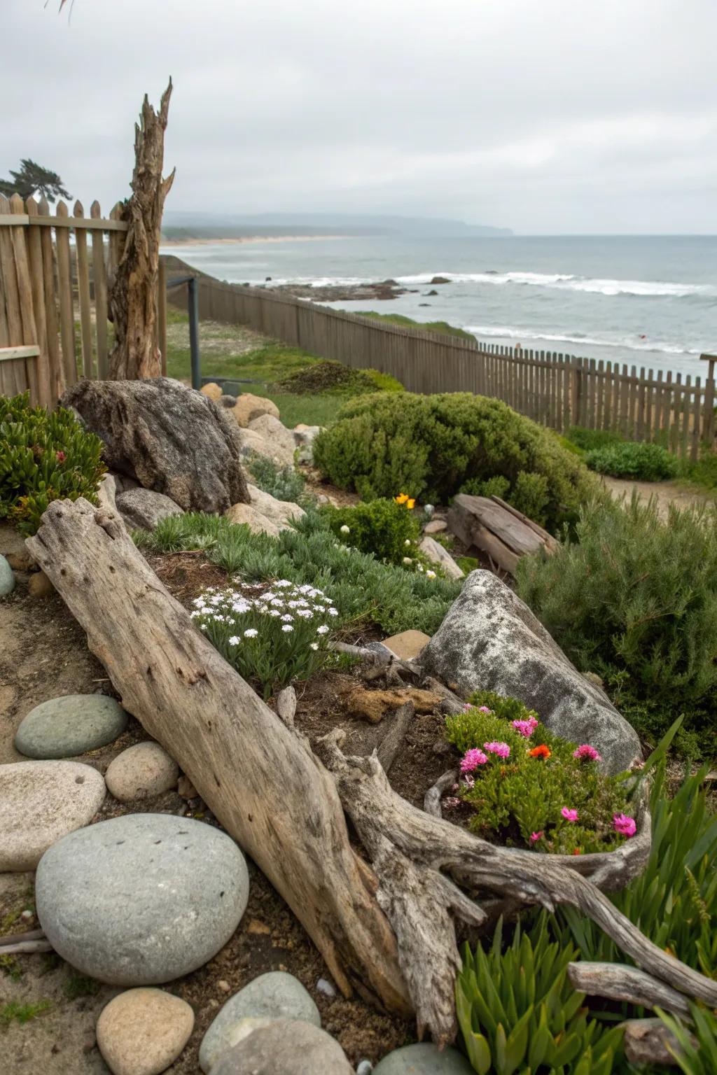 Weathered materials add authenticity and charm to a coastal garden.