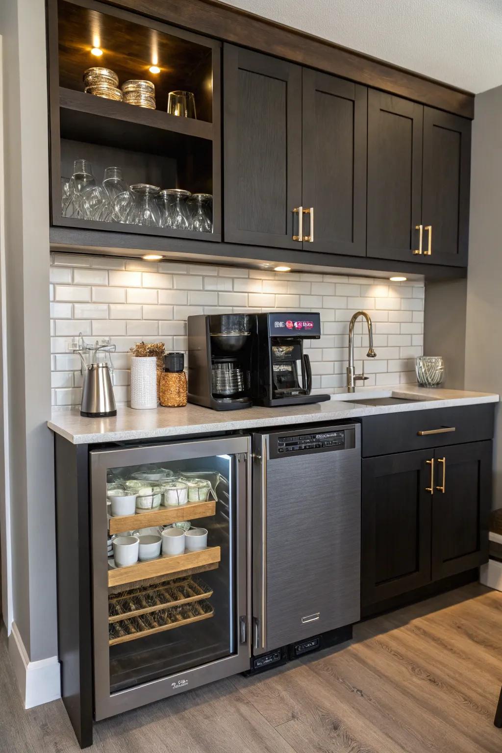 A seamless built-in coffee station with a mini refrigerator.