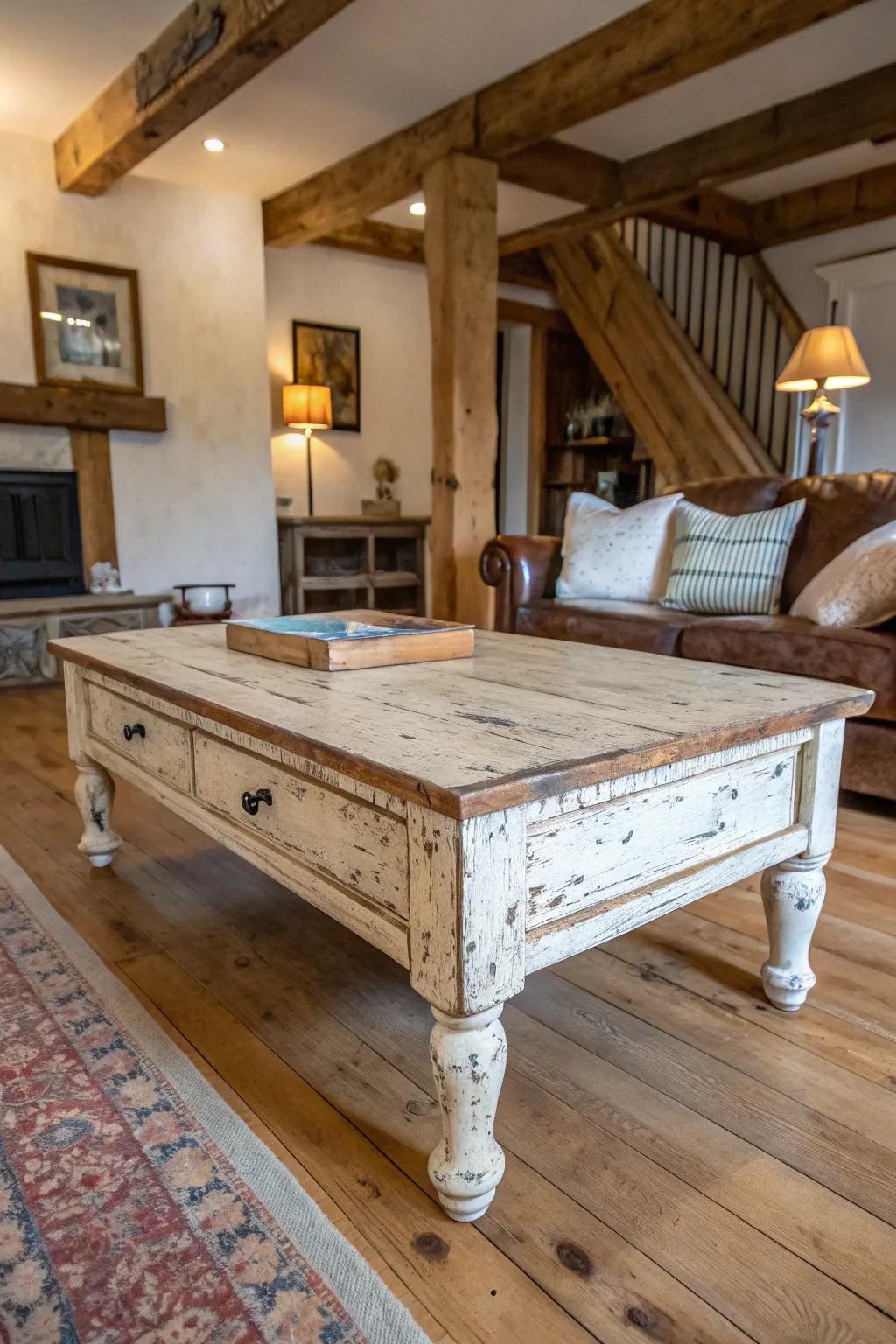 Weathered features breathe vintage grace into your space.