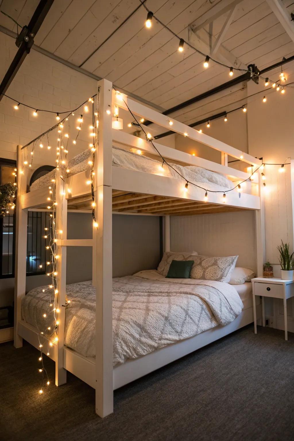 Fairy lights add a magical touch to your sky-high sleeper setup.