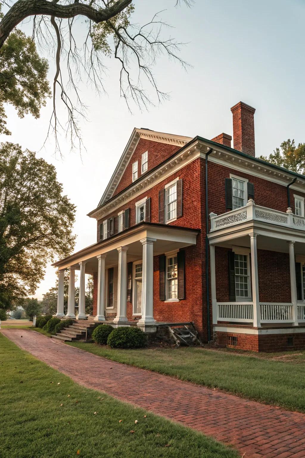Colonial residence boasting a scarlet brick front.
