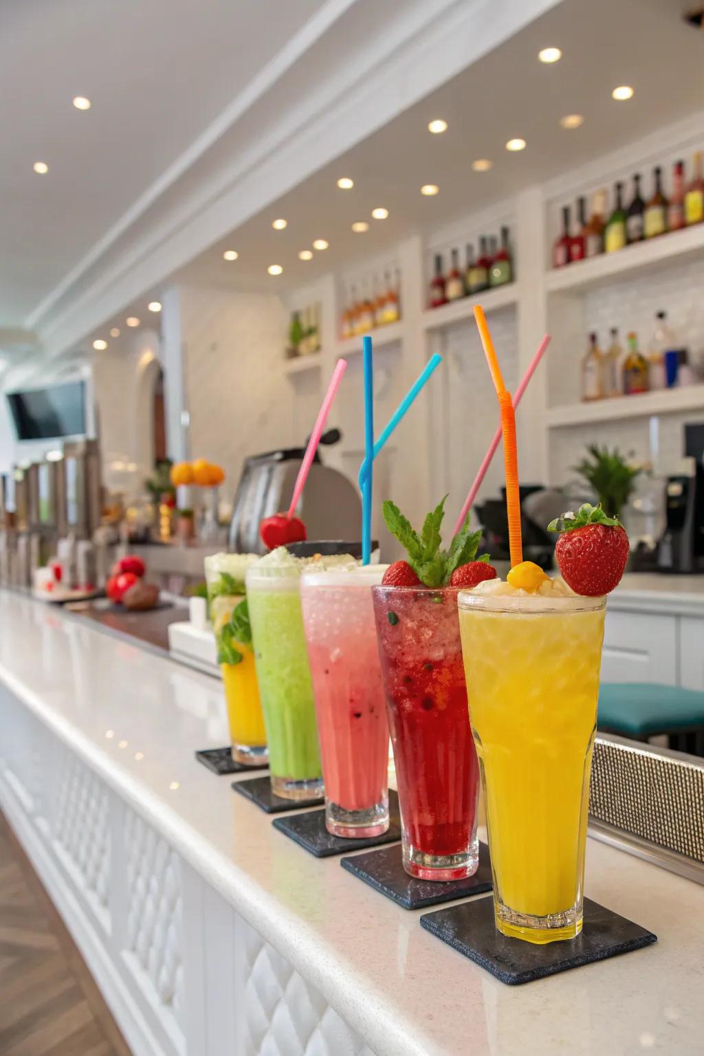 An assortment of chromatic elixirs prepared to serve.