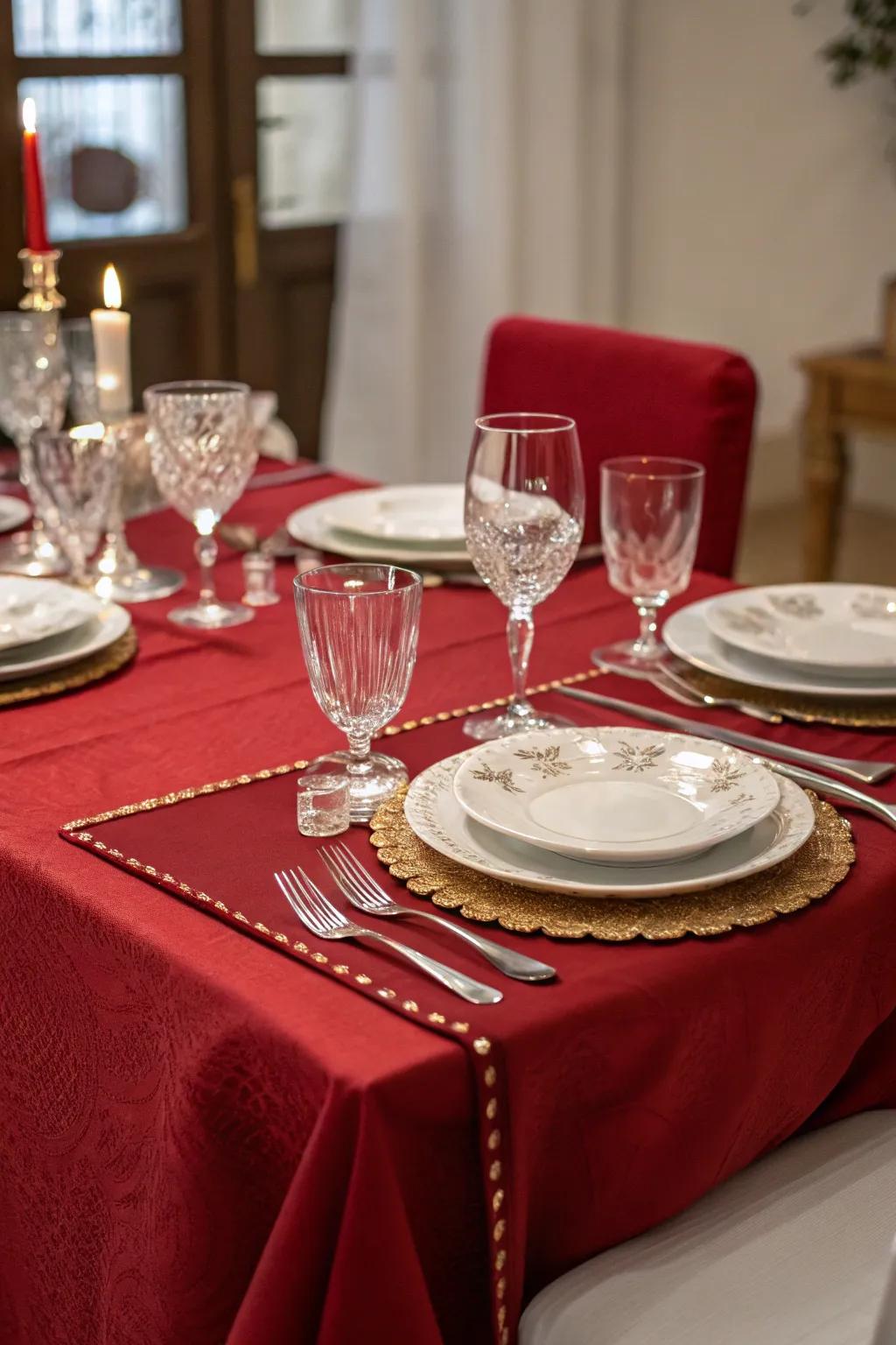 A crimson table covering setting the scene for a sophisticated dining ambiance.