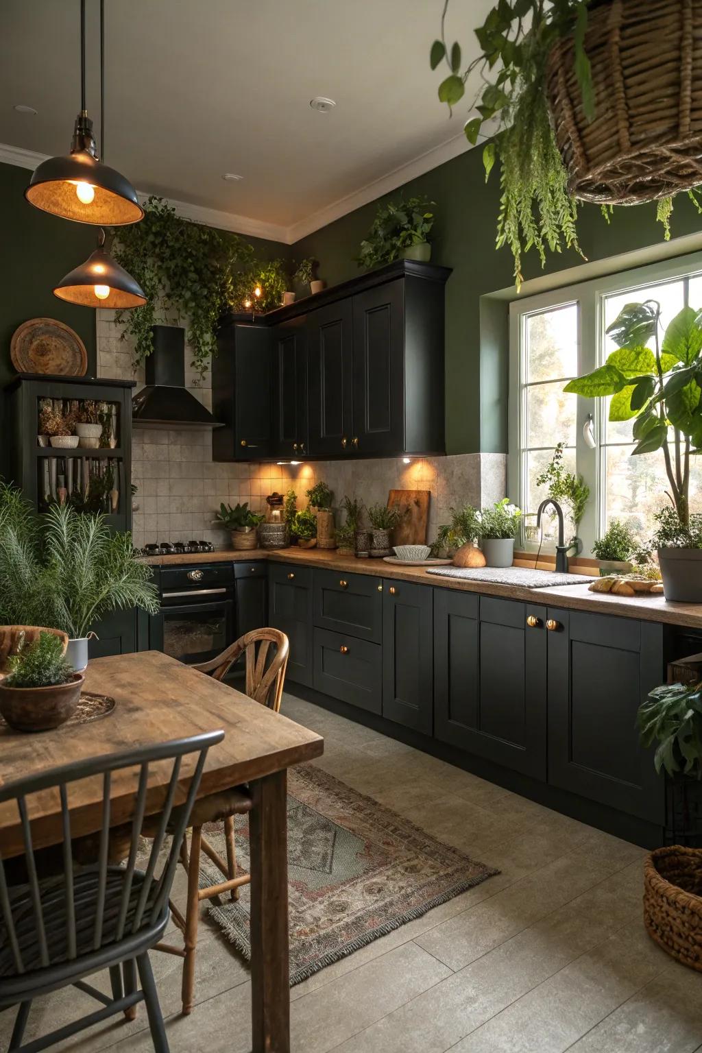 Dark cabinets alongside forest green walls create a peaceful and nature-inspired kitchen setting.