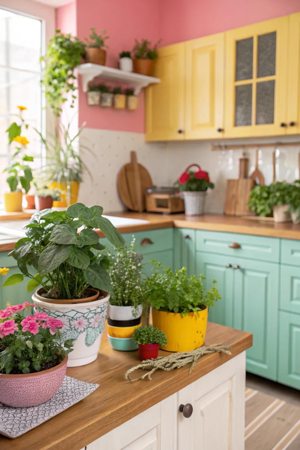 Plant life elevates the vibrant and natural atmosphere of the cooking space.