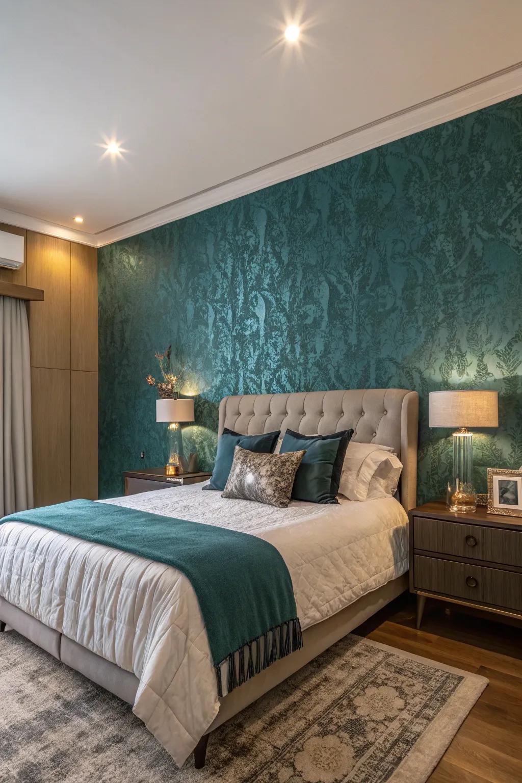 A feature wall adds depth and intrigue to this bedroom.