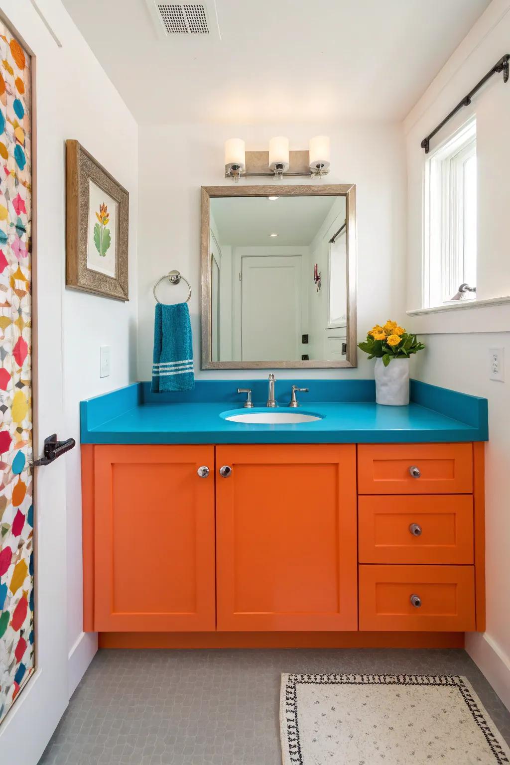 Contrasting colorful storage units add flair to this guest bathroom.