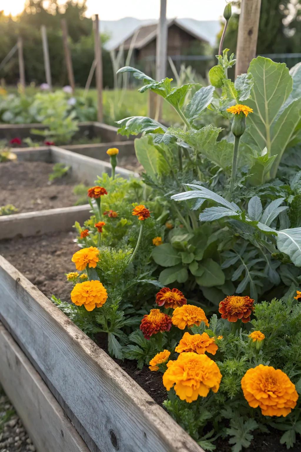Flowers contribute charm and safeguard your vegetable patch.