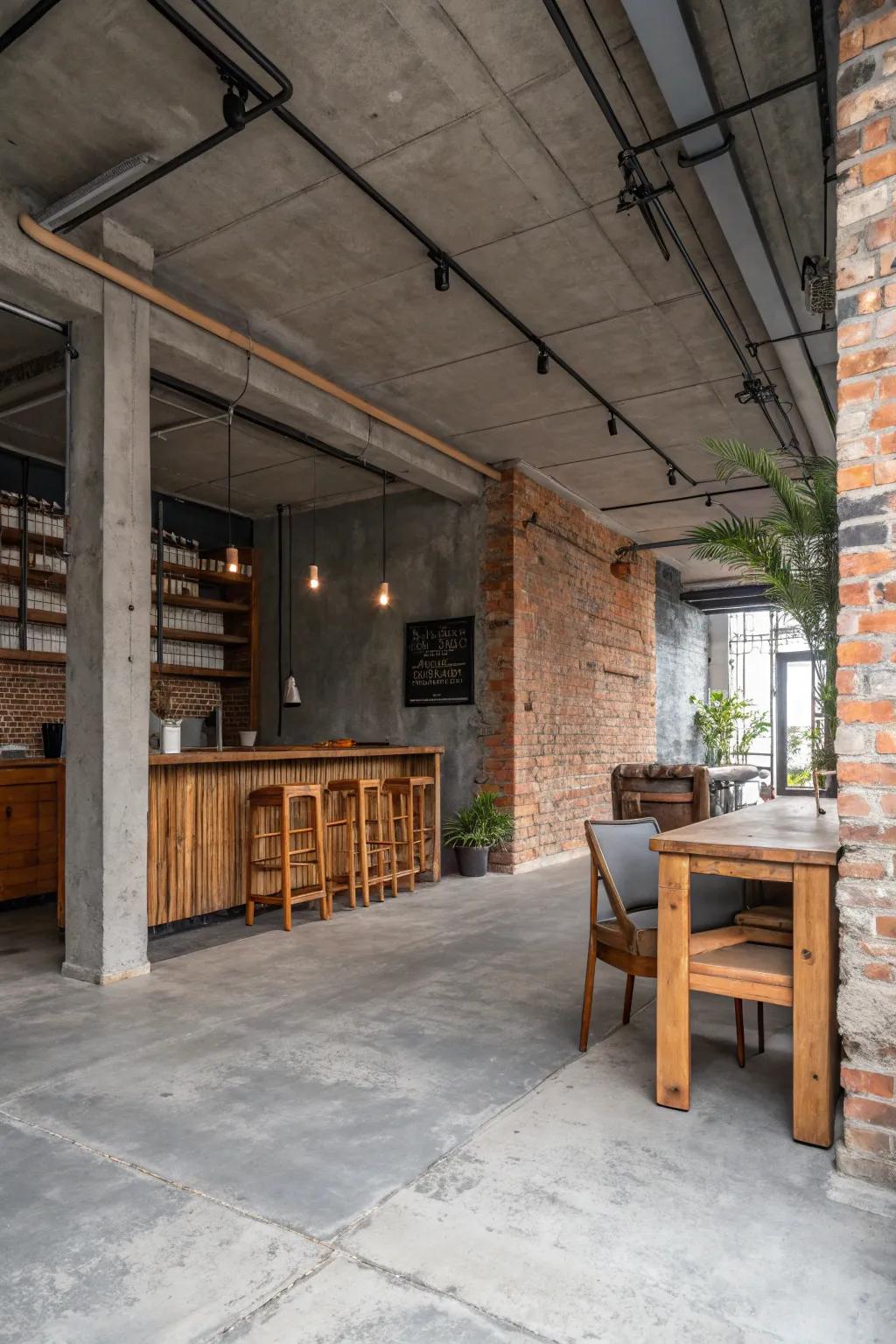 An urban-inspired room featuring concrete floors and exposed brick.