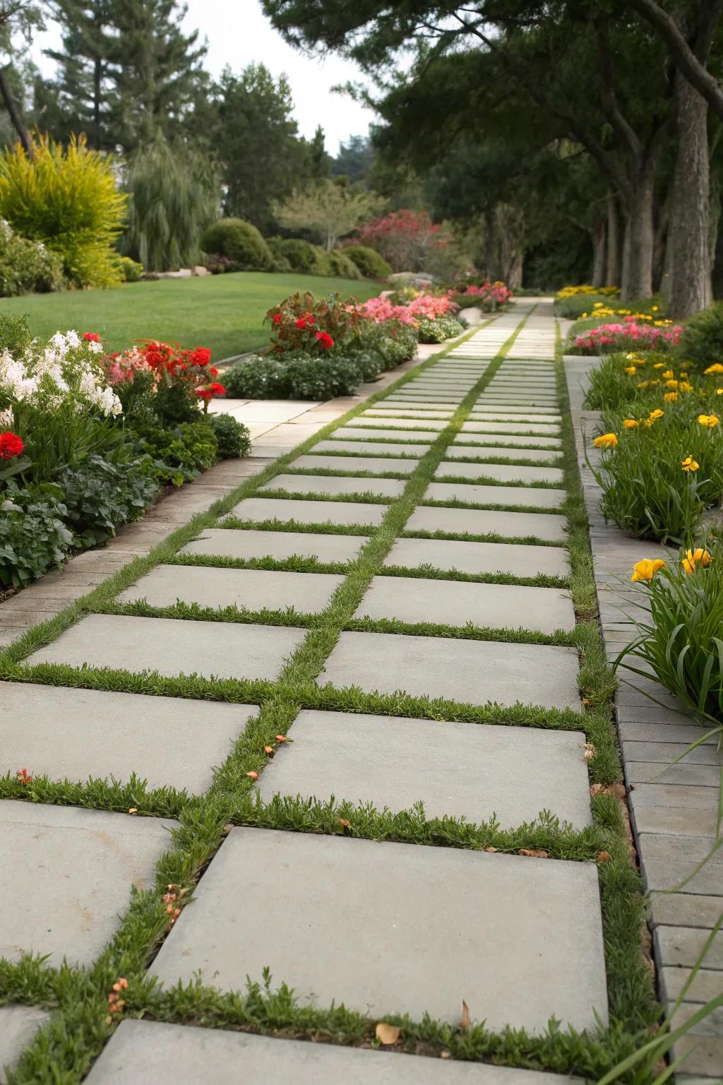 Grass integrations soften the appearance of concrete walkways.