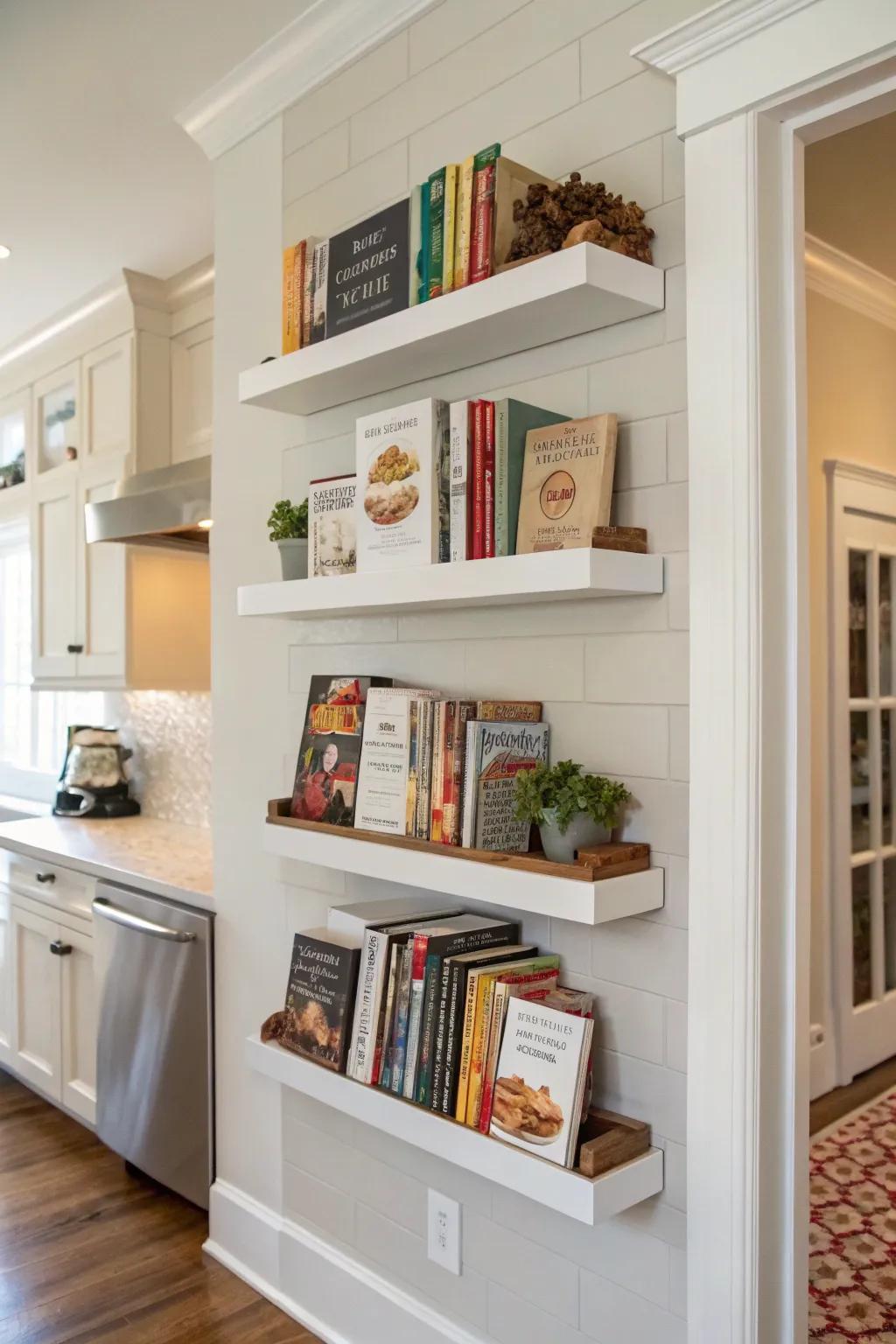 Floating shelves afford a refined avenue to exhibit your cookbook compilation.