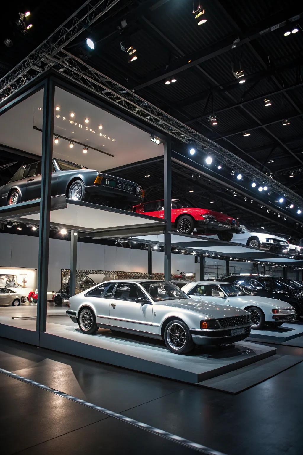 A vehicle showcase garage with cars highlighted by tailored lighting.