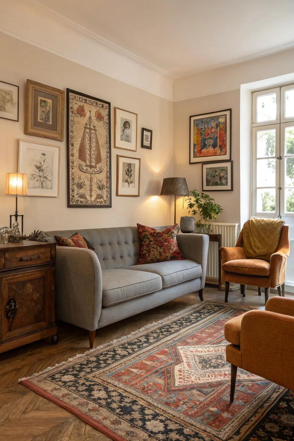 Eclectic decor contributes unique charm to your living room.
