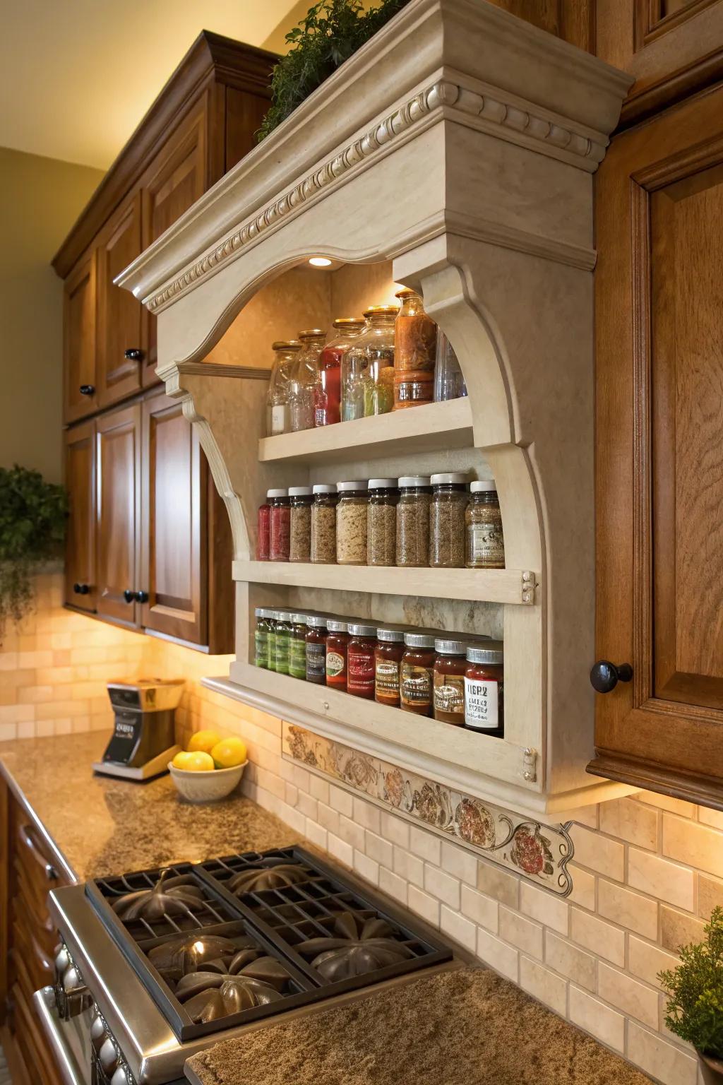 Ornamental shelf brackets maintain cooking area spices arranged and stylish.