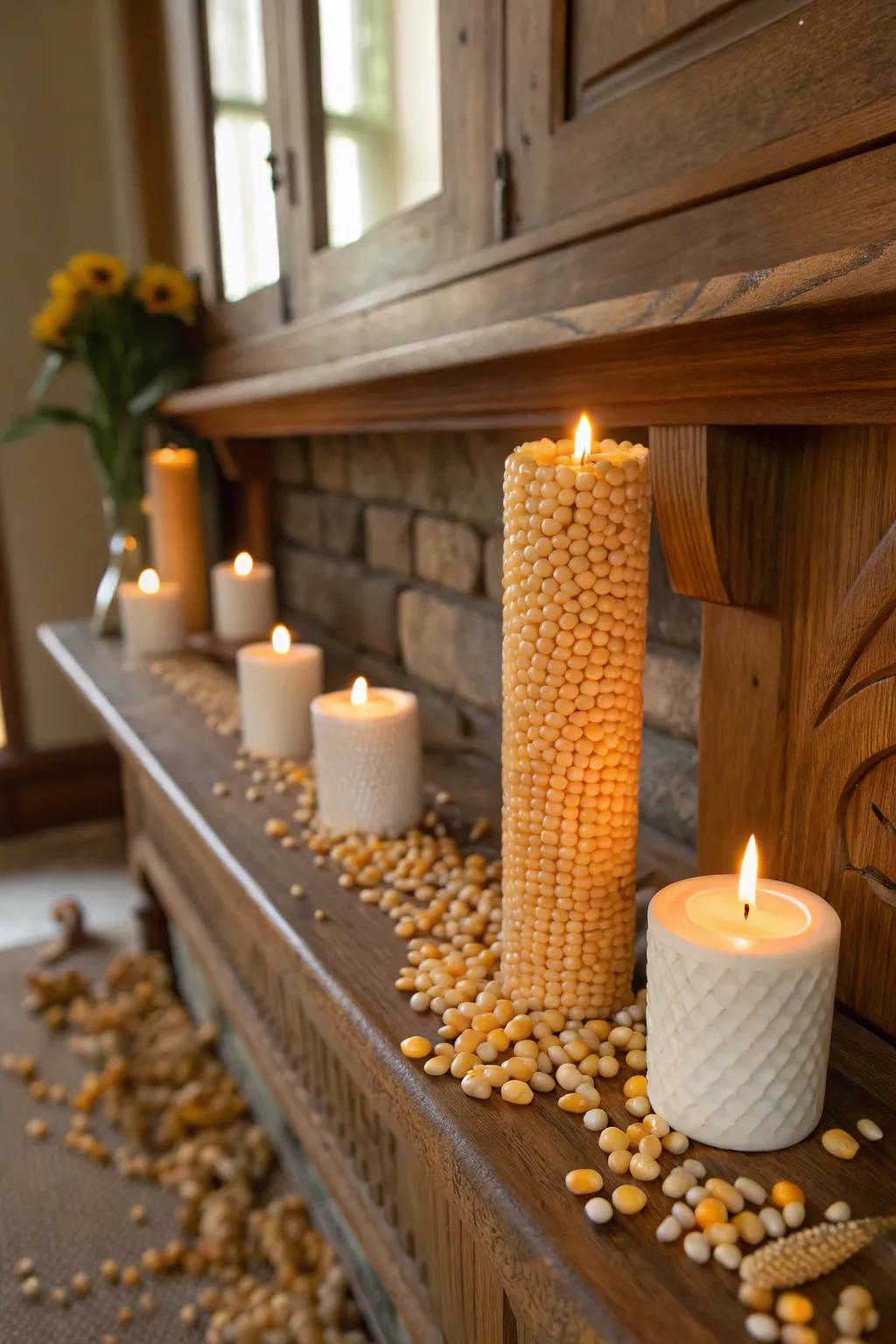 Candles paired with grain kernels cast a comforting glow.