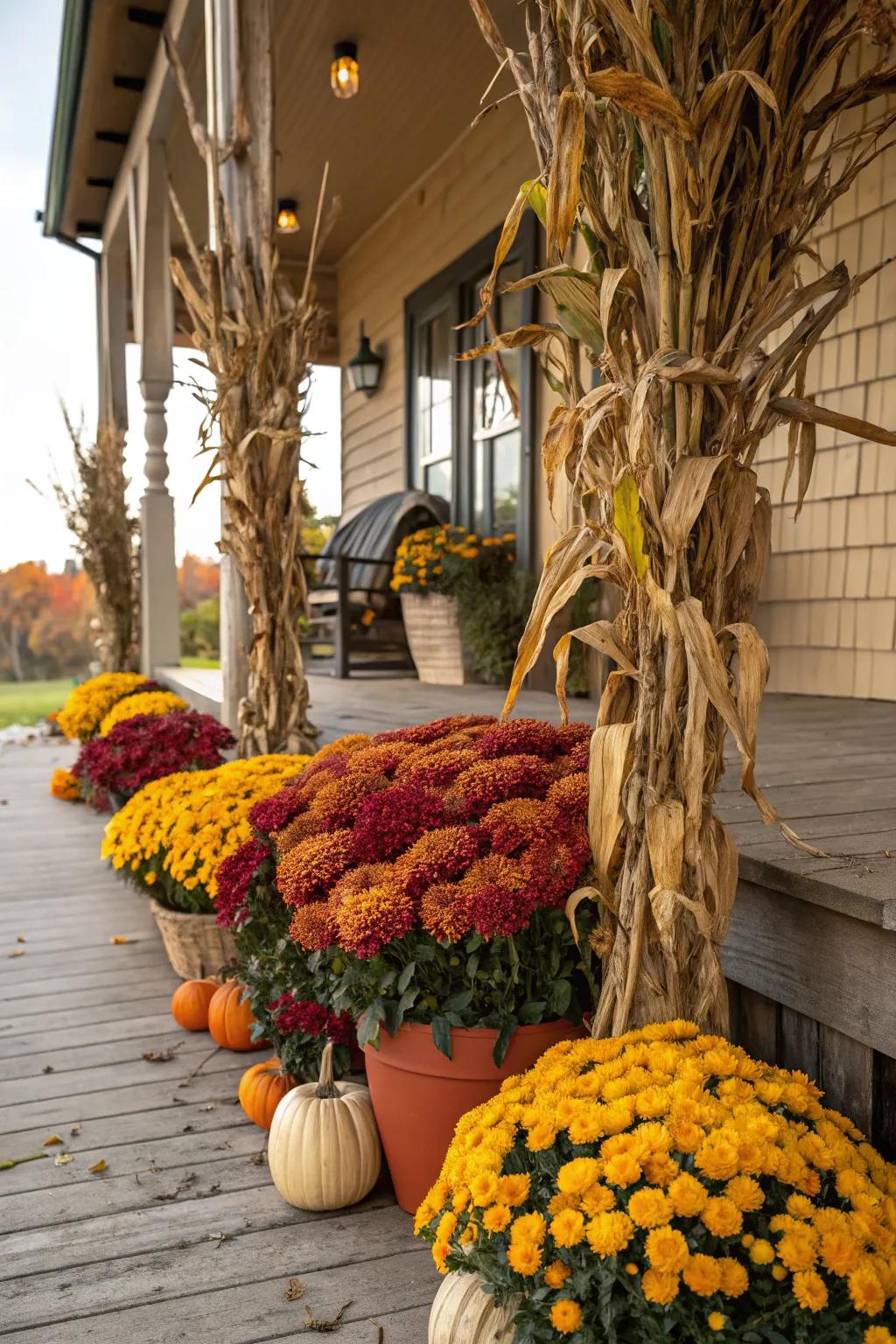 Brighten your entrance with a vibrant presentation of corn stalks and fall blooms.