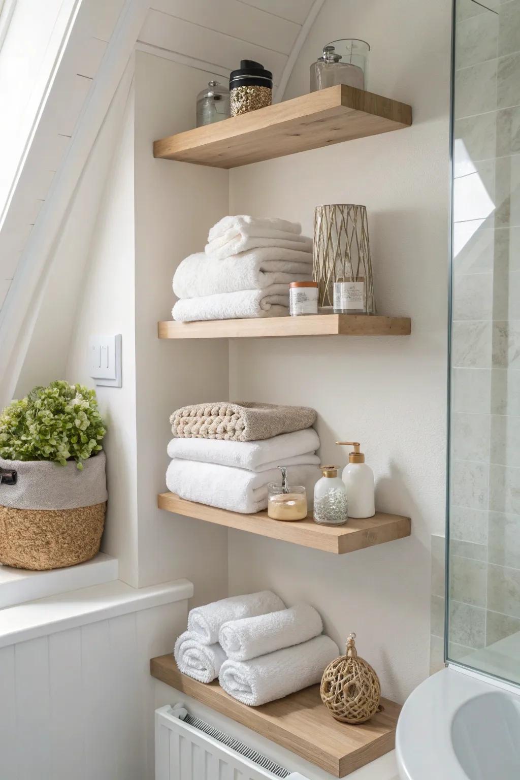 Floating shelves enrich bathroom corners with both storage and style.