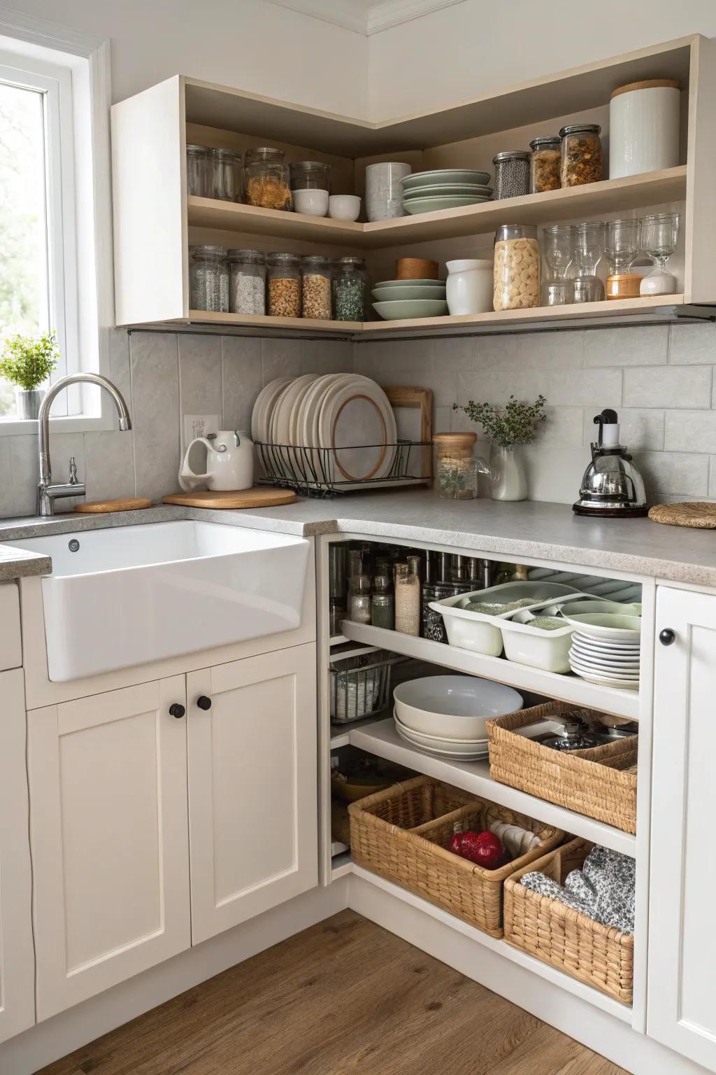 Corner cupboards and shelves that present efficient storage solutions that wrap around a corner sink.