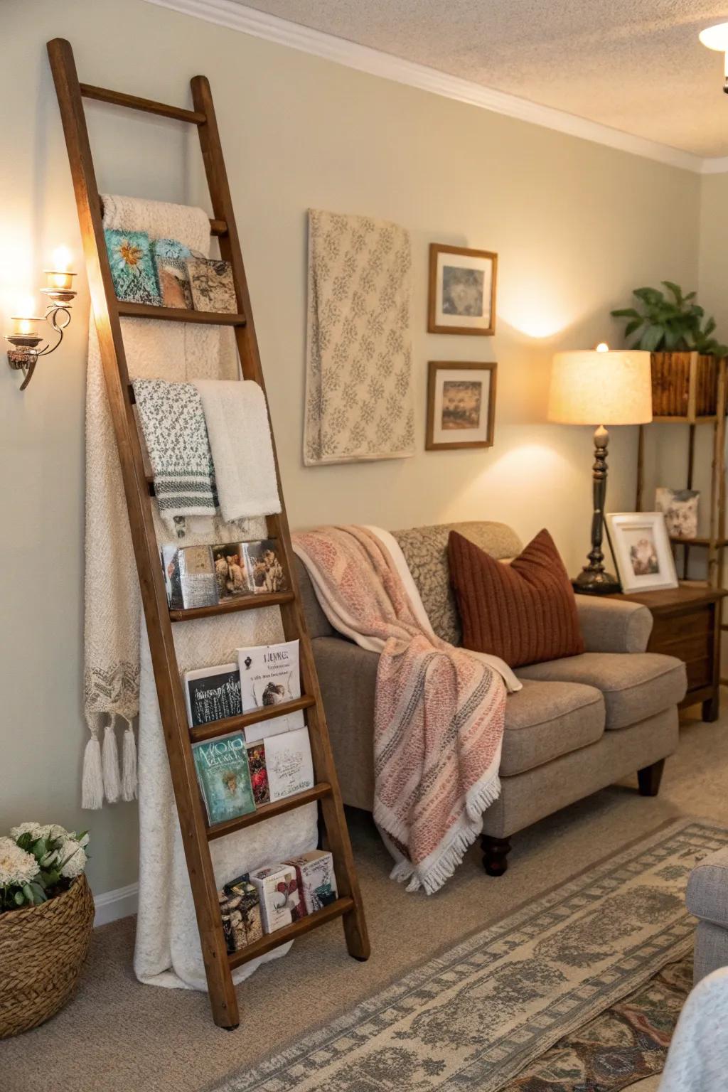 A decorative ladder provides a rustic feel and practical storage for your corner.