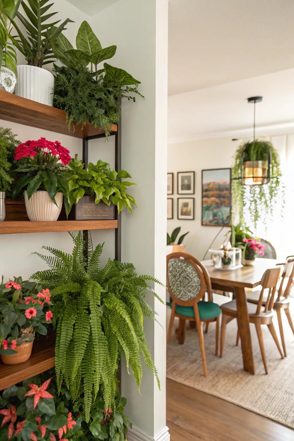 Create a living garden with lush plant displays on your shelves.