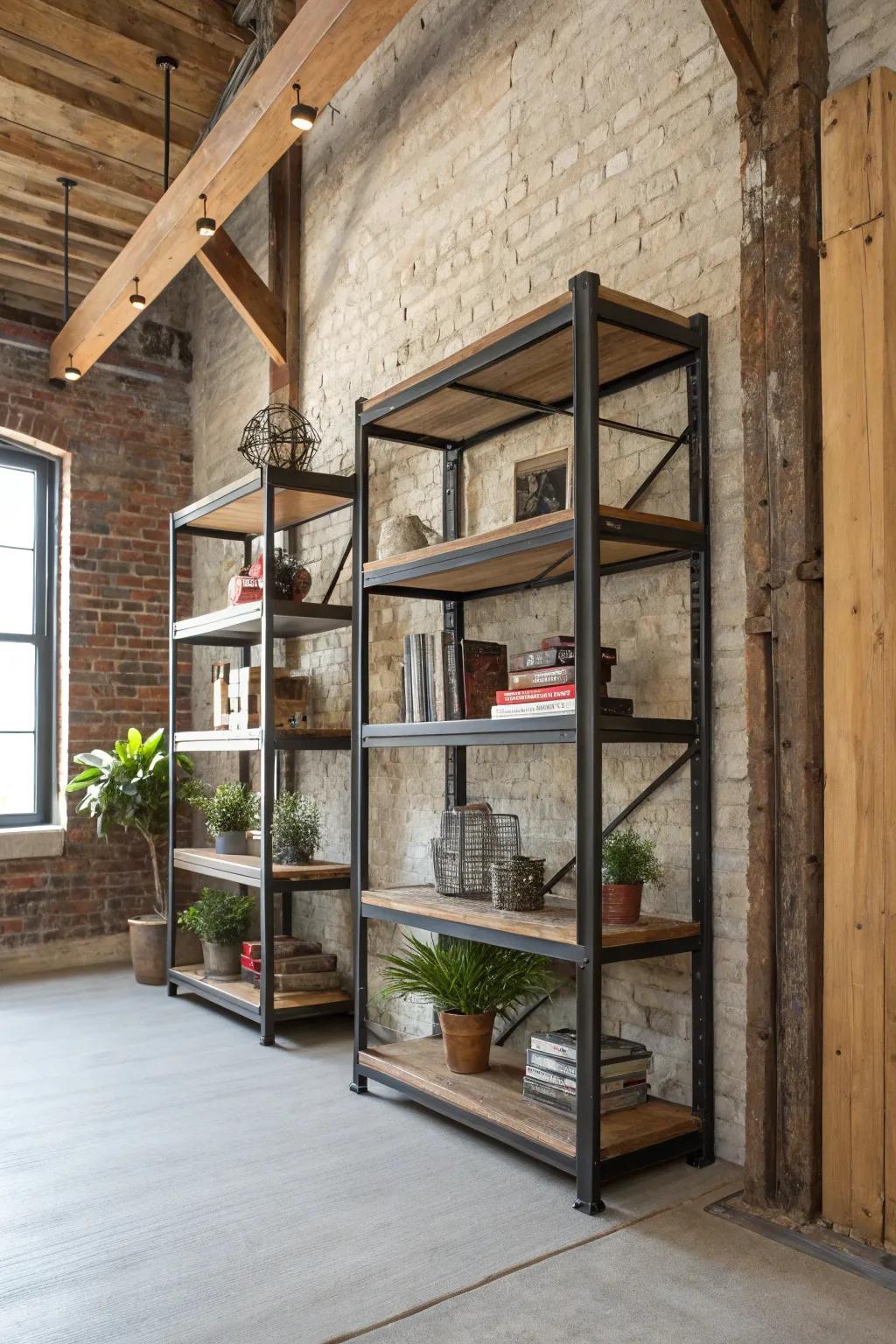 Industrial corner shelves in a loft-style space.