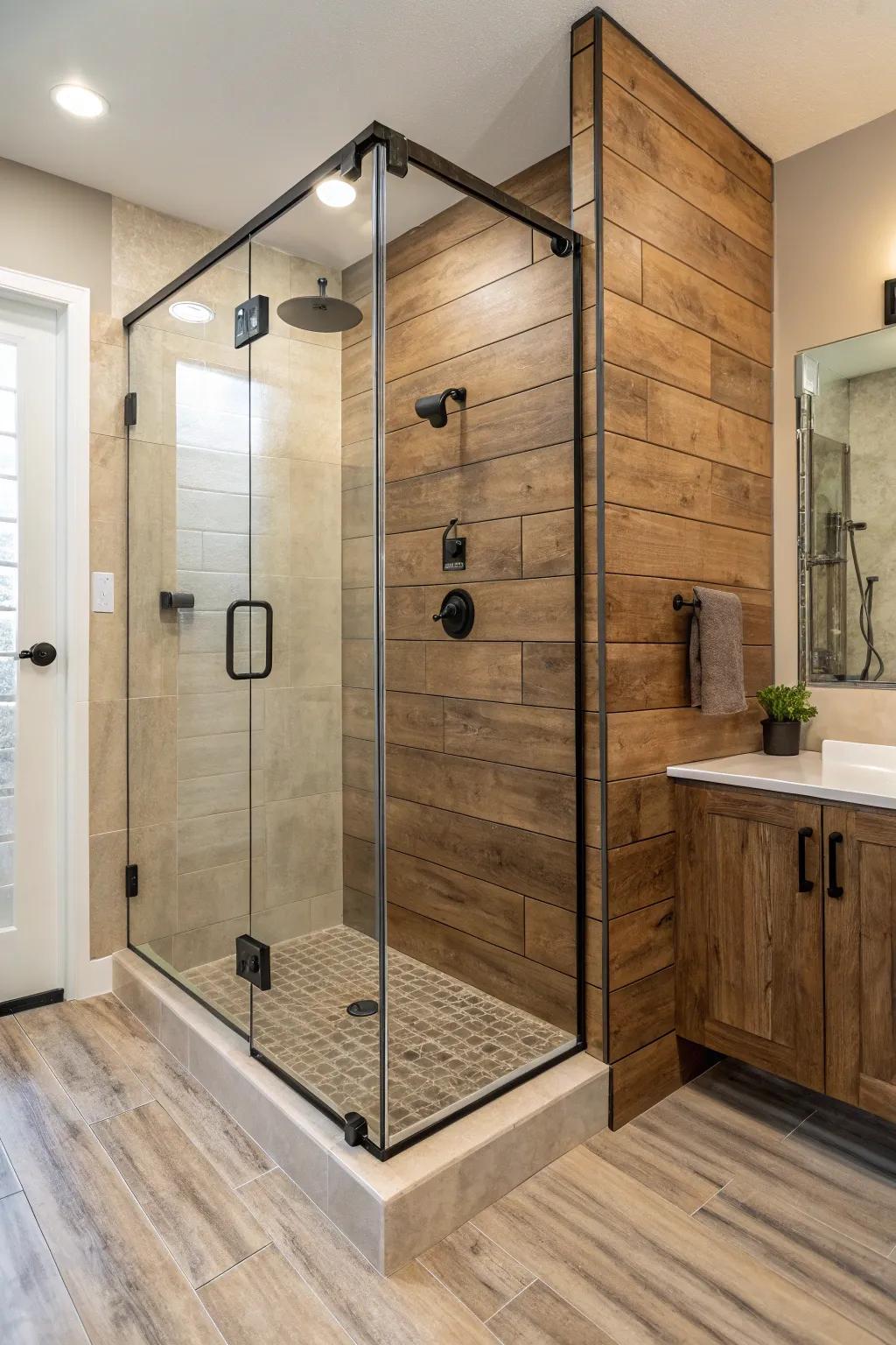Timber-style bricks bring warmth and coziness to your corner shower.