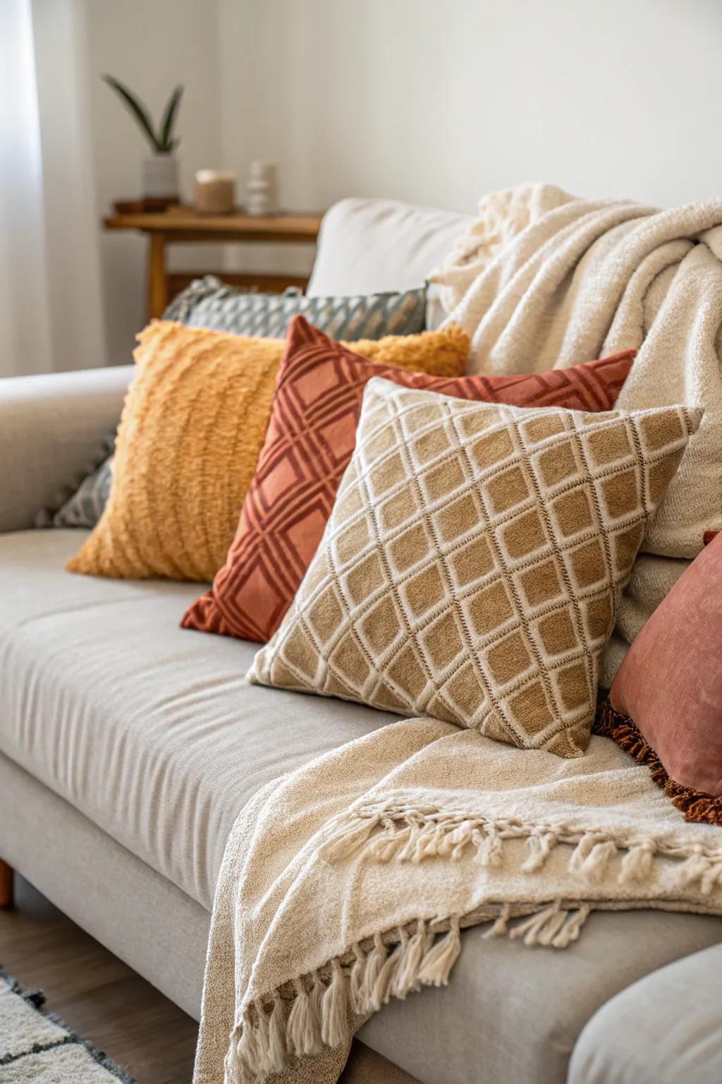 Layered accent cushions contribute both comfort and flair to the sofa.