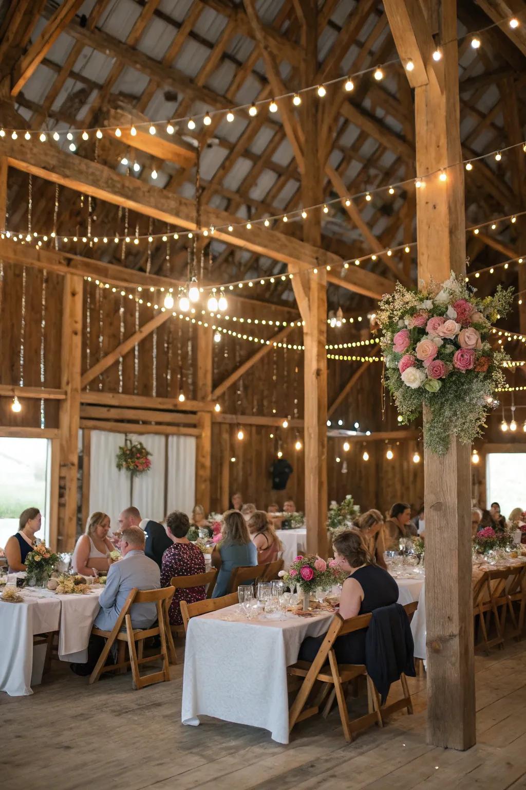 A wedding gathering hosted within a charming unrefined granary featuring exposed arboreal support beams.