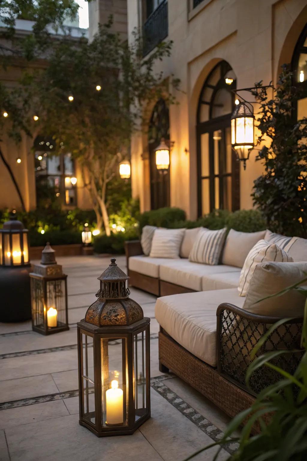 Lanterns contribute a gentle, intimate radiance to a courtyard seating area.