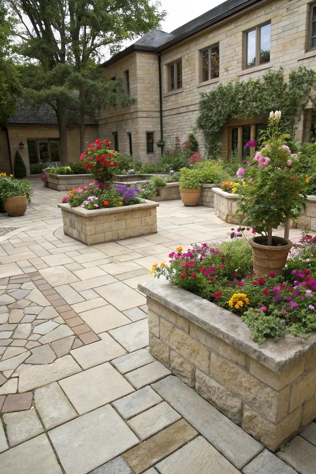 Enhance your courtyard with greenery incorporated into the paving design.