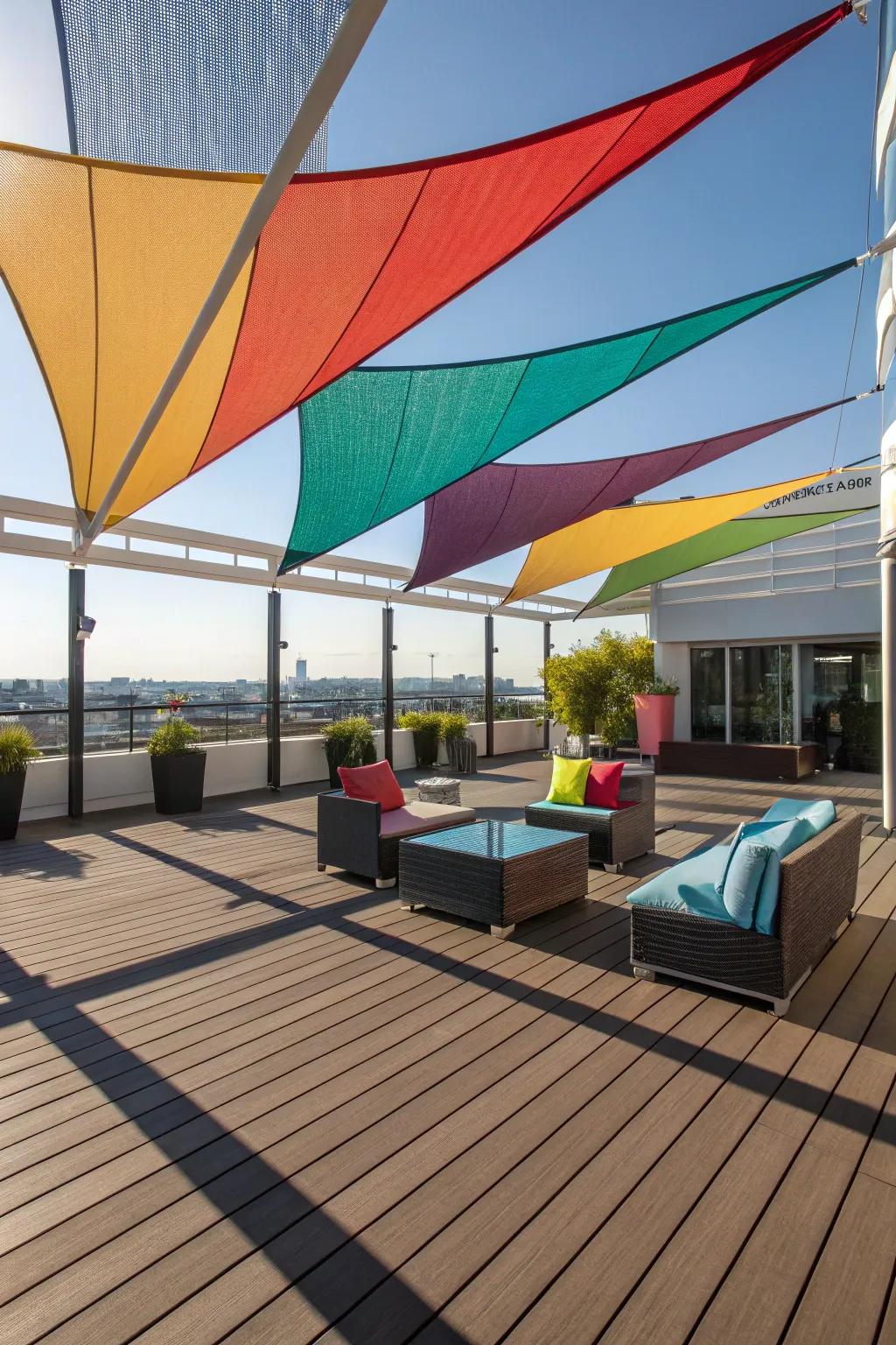 A lively sun shade-covered deck, suited for modern tastes.