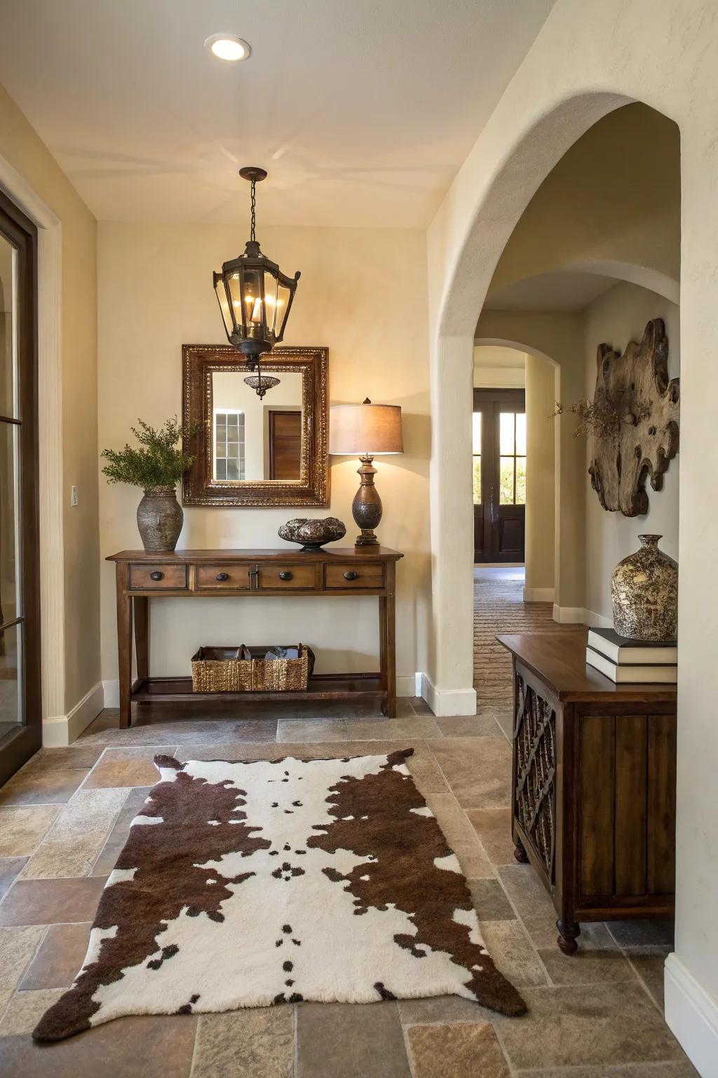 A sophisticated entrance displaying hide wall adornment atop a console.